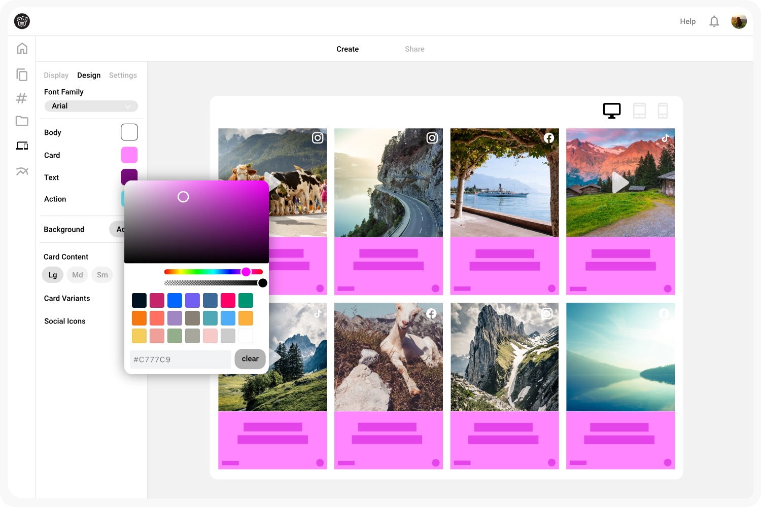 The contentfry design editor showing customization of brand colors, shadows, and corner radius for a unique branding.