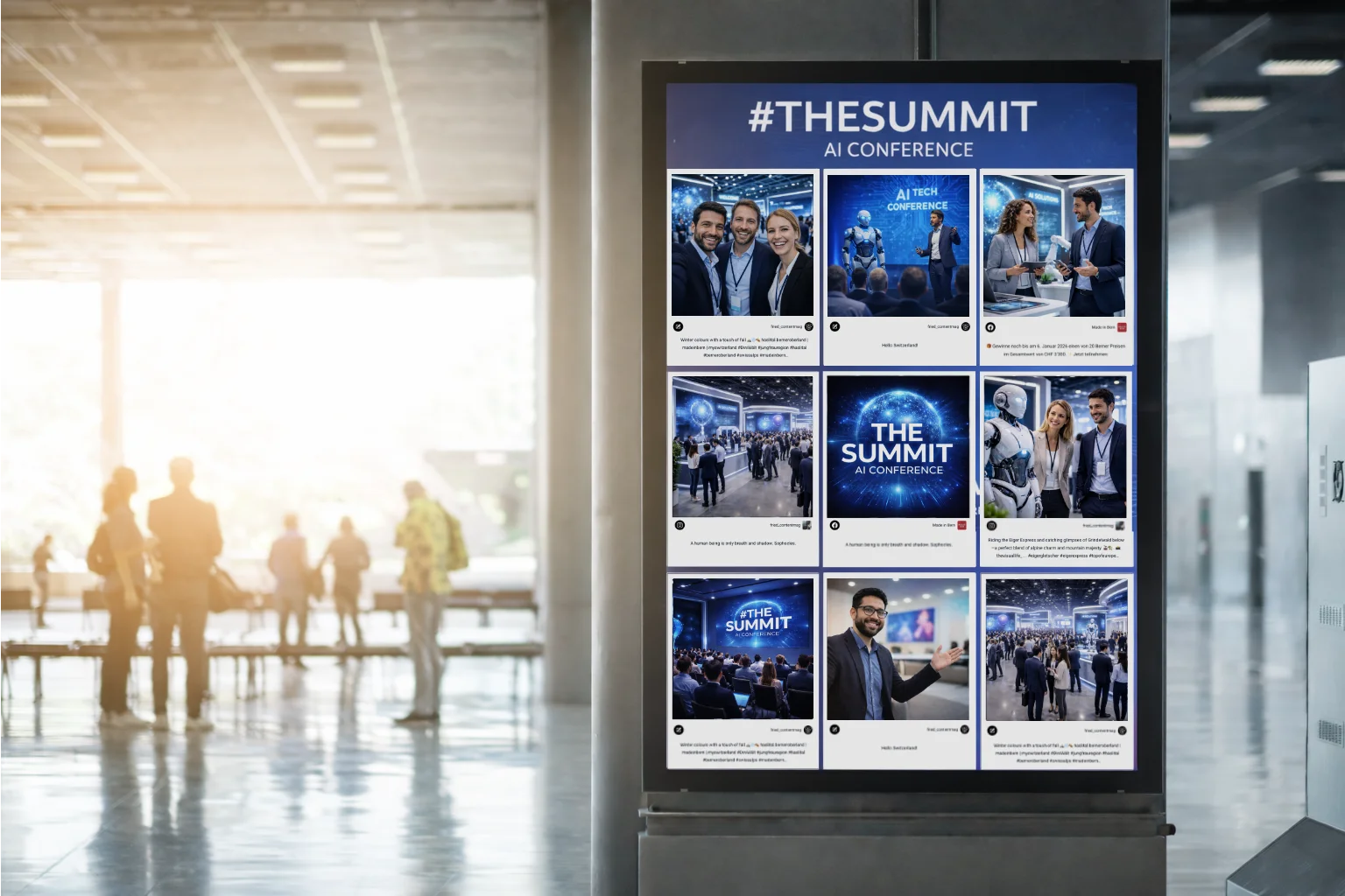 Grosse Social Wall auf einer KI-Konferenz zeigt Echtzeit-Beiträge und UGC von Teilnehmern auf digitalen Displays