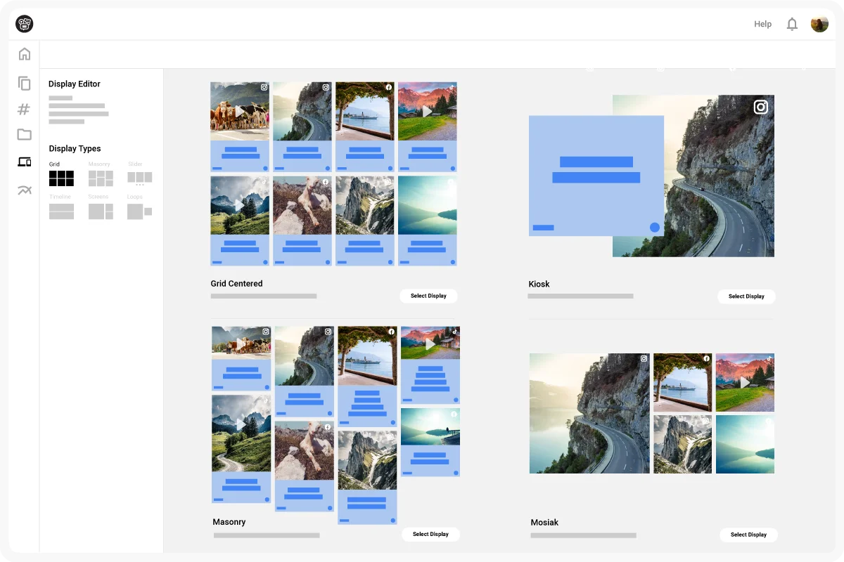 Vorschau verschiedener Social Wall Layouts und Design-Optionen für Web und Screens.