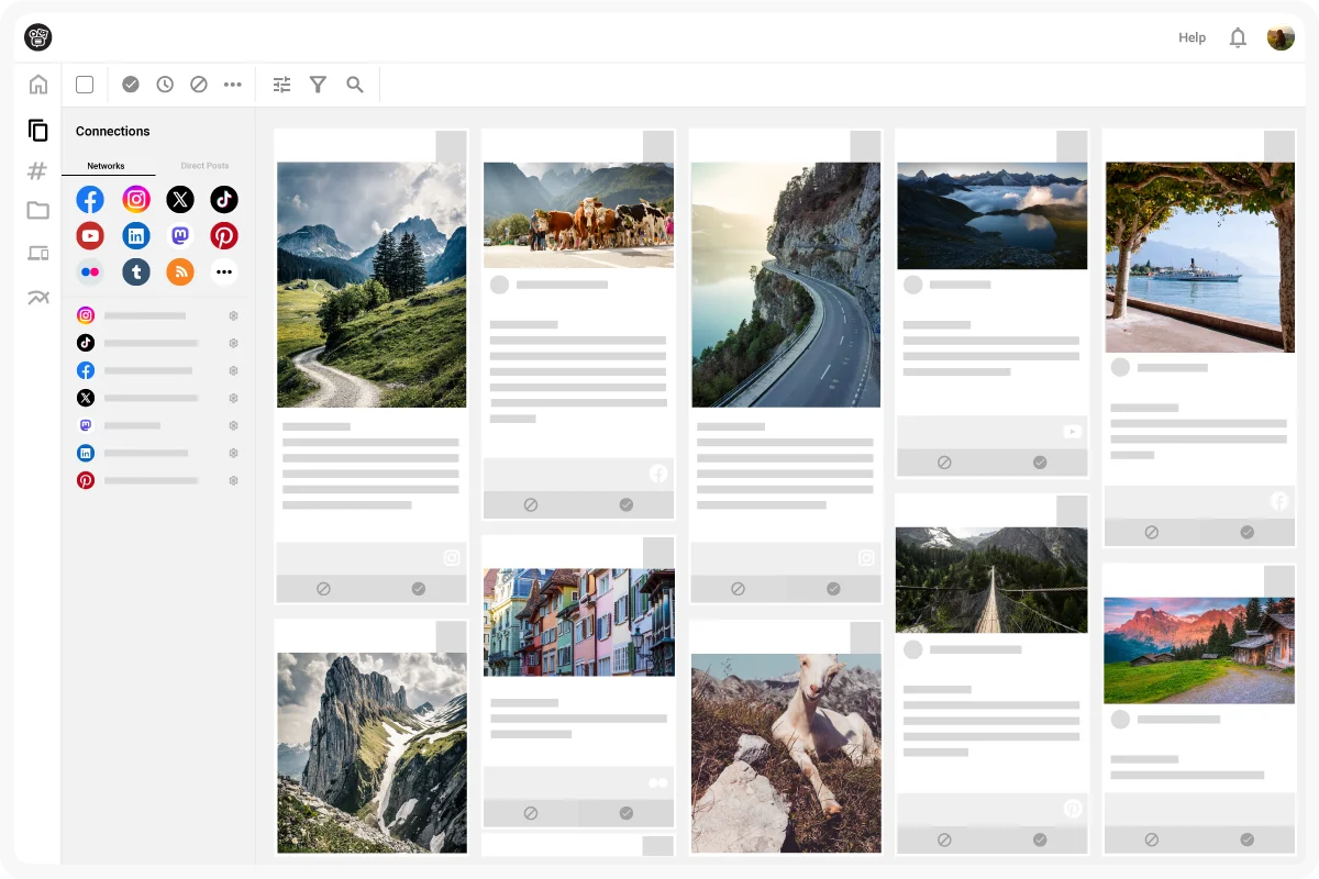 A view of the contentfry dashboard showing various social media source icons being connected for content aggregation.